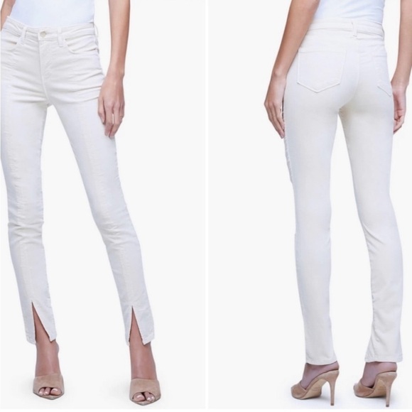 NWT L’Agence Jyothi Velvet Skinny Jeans Champagne Cream Crop Split Hem Sz 28 - Picture 1 of 15